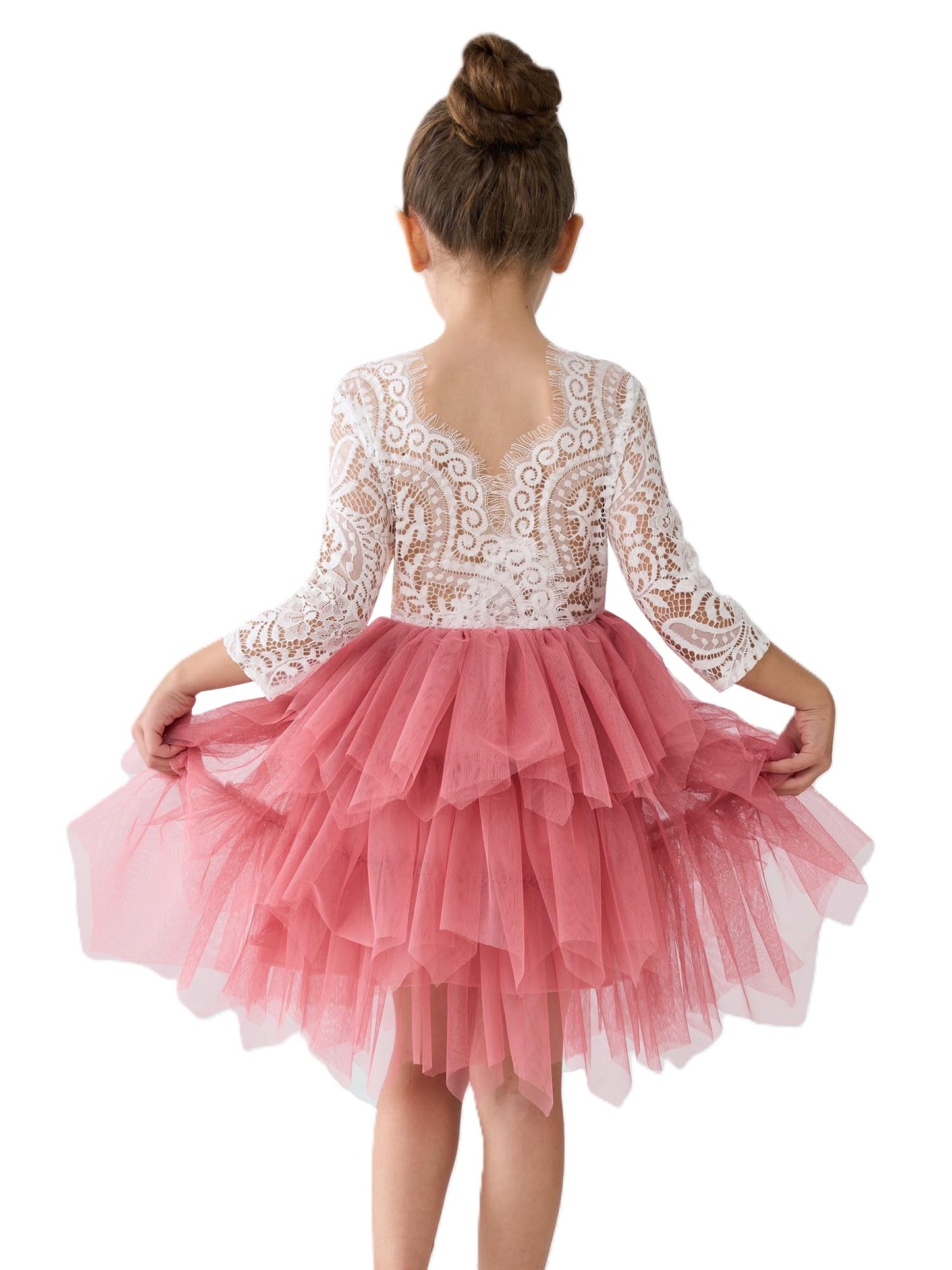 2Bunnies Girl Peony Lace Back A-Line Tiered Tutu Tulle Flower Girl Dress (Dusty Rose Sleeve Short, 6M)