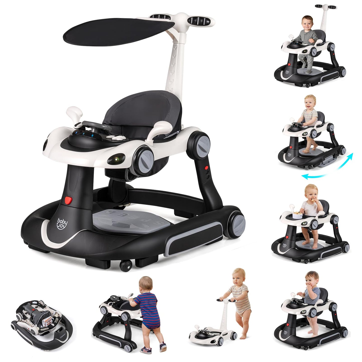 BABY JOY 7-in-1 Baby Walker, Foldable Baby Walker and Bouncer Combo with Handle, Adjustable Height & Speed, Music, Lights, Rocke
