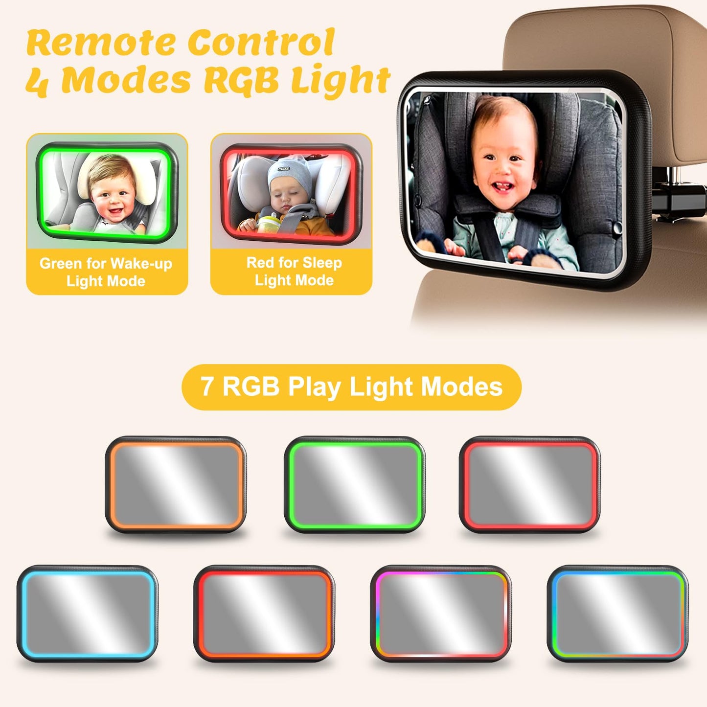 Baby Car Mirror With Light, 7 Rgb Light Rear Facing Baby Car Seat Mirror With Remote Control Rechargeable 360 Rotation Hook Clip