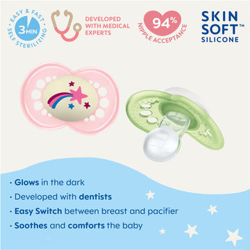 Mam Day & Night Pacifiers, Glow In The Dark Pacifier For Breastfed Babies, 16+ Months, Girl