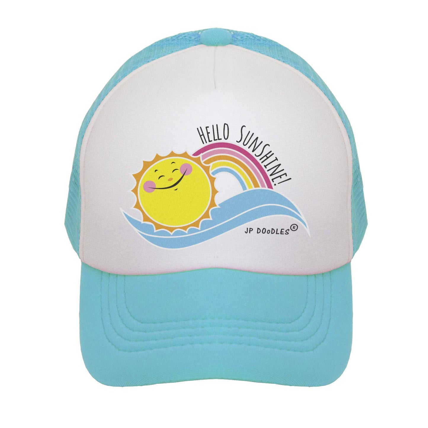 JP DOoDLES Hello Sunshine Kids Trucker Hat. Baseball Mesh Back Cap fits Baby, Toddler and Youth (Teal, Kiddo 2-5 YRS)