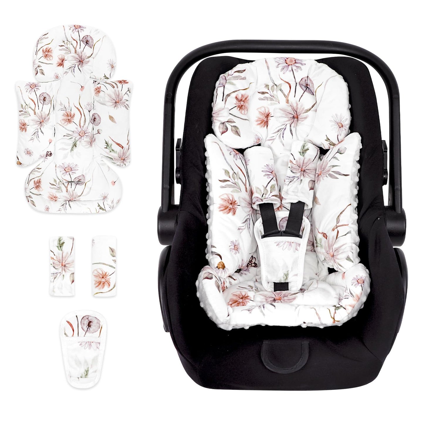 CARUILI Infant Car Seat Insert and Strap Covers, Very Soft Car Seat Head Support Baby Girl Boy, Reversible Newborn Carseat Inser