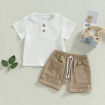 Fhutpw Baby Boys 2Pcs Summer Outfits Short Sleeve T-Shirt Tops Elastic Waistband Shorts Set Toddler Clothes (Linen White + Light