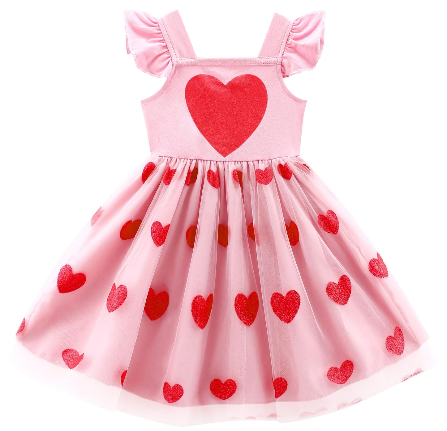 Girls Heart Dress Toddler Flutter Sleeve Heart Print Tutu Dresses Tulle Skirt Kids Valentines Day Outfit 5-6 Years