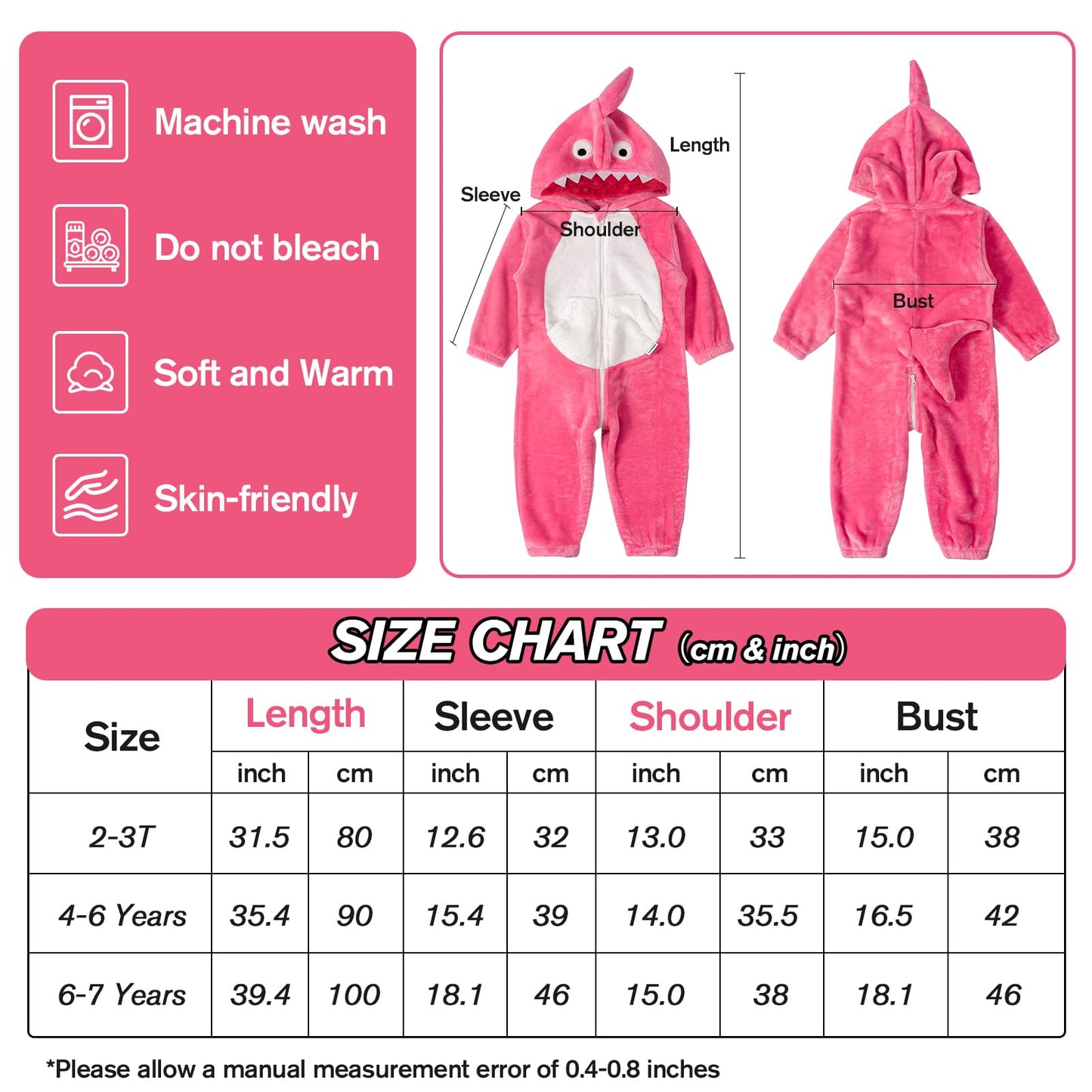 Lolanta Shark Costume Kids Shark Outfit One Piece Animal Bodysuit For Kids Halloween Fancy Dress (Rose Red, 6-7 Years)