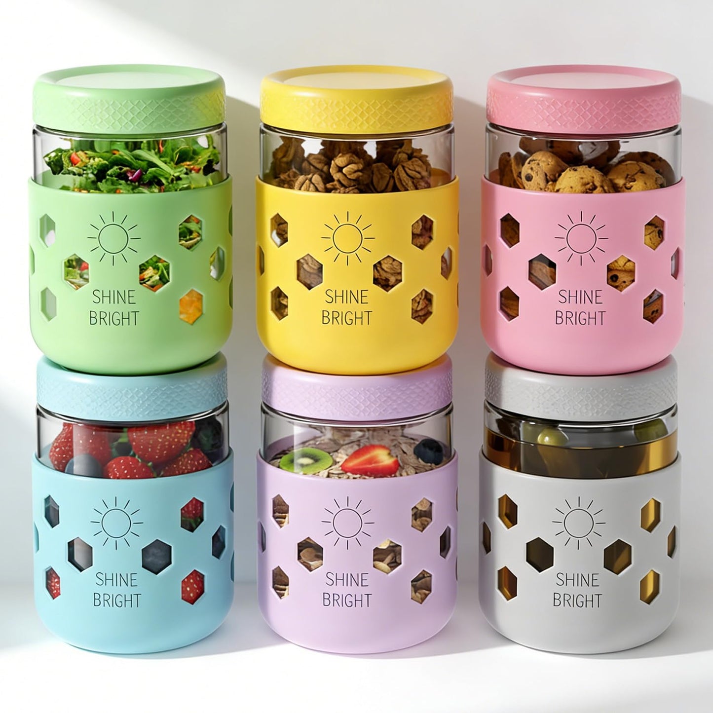 Lazyshine Overnight Oats Containers With Lids And Protective Silicone Sleeve (6 Pack Multicolor)