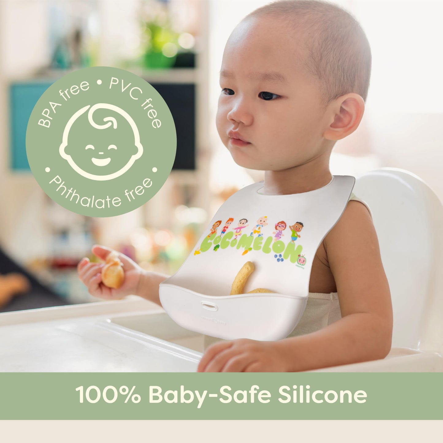 Cocomelon Silicone Bibs For Babies With Adjustable Neck - Durable Baby Silicone Bibs, Baby Bib With Food Catcher Pouch For Mess-