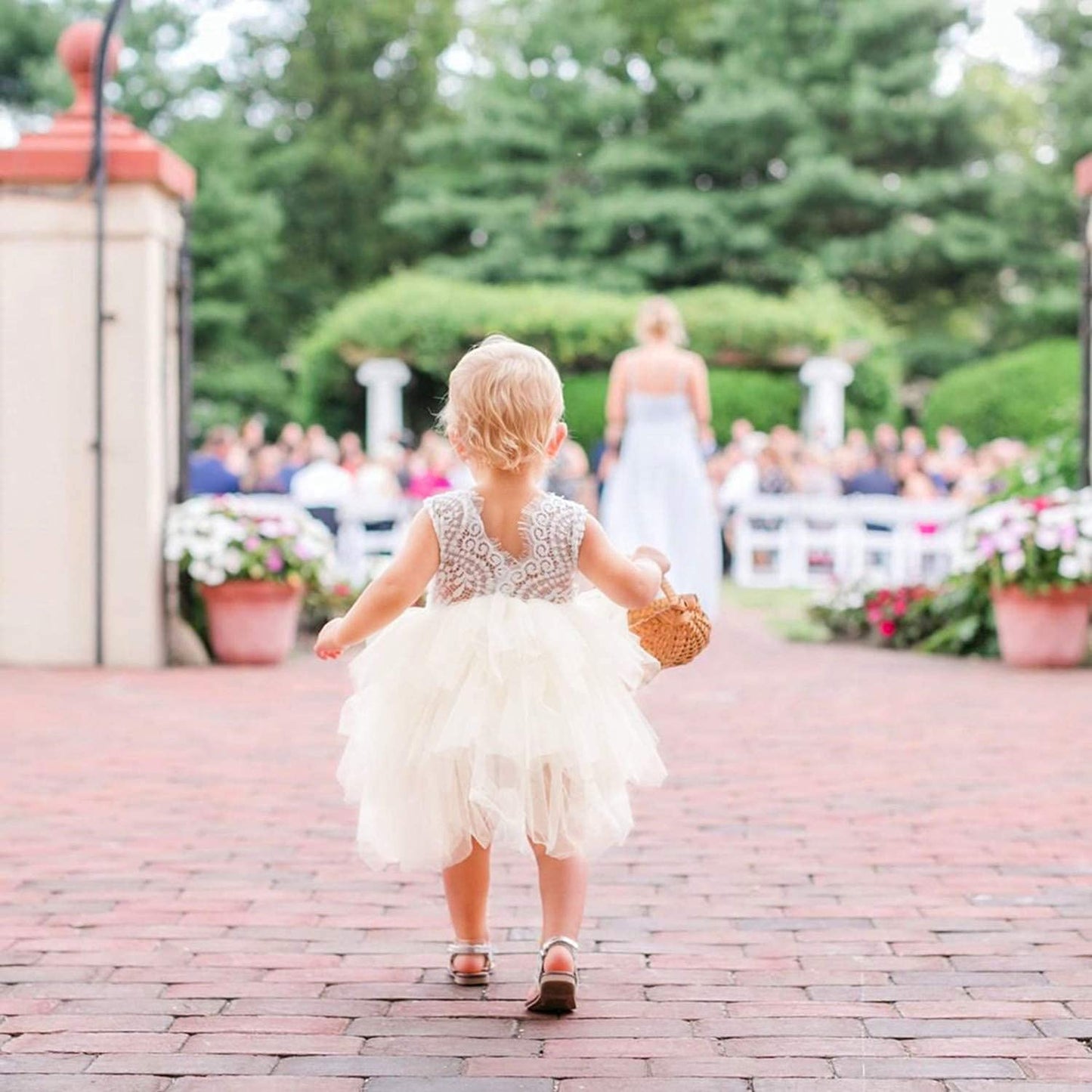 2Bunnies Girl Beaded Peony Lace Back A-Line Tiered Tutu Tulle Flower Girl Dress (Ivory Short Sleeveless, 6)