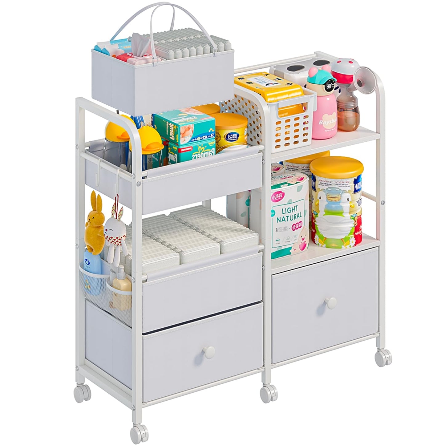 Jnancun 2 In1 Baby Diaper Caddy Organizers and Storage, 3-Tier Rolling Diaper Cart with Dividers and Clothes Rack, Mobile Utilit