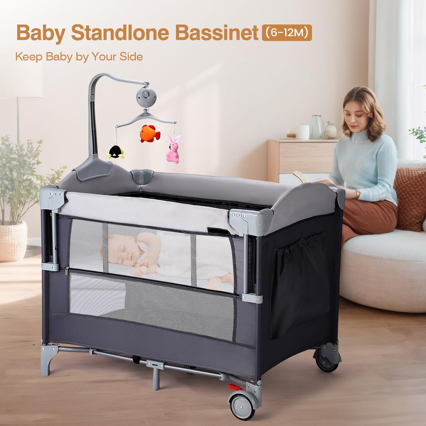 Joymor 4 In 1 Pack And Play, Baby Bedside Bassinet, Sturdy Play Yard With Padded Mat And Toy Bar With Soft Toys