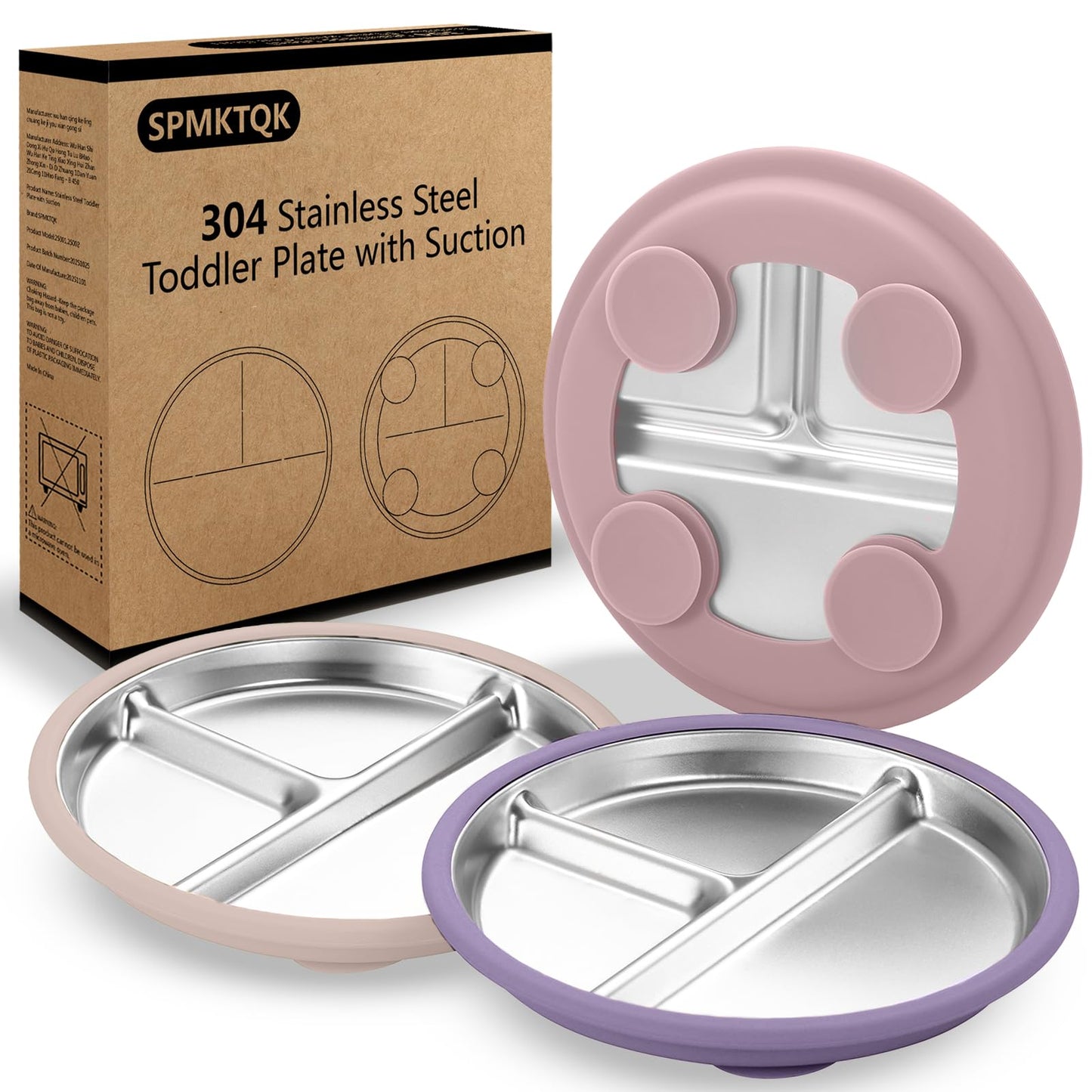 SPMKTQK 3 Pack Stainless Steel Kids Plates with Suction, 8.1 Divided Toddler & Baby Plates, Non Slip Metal Plates for Kids, R