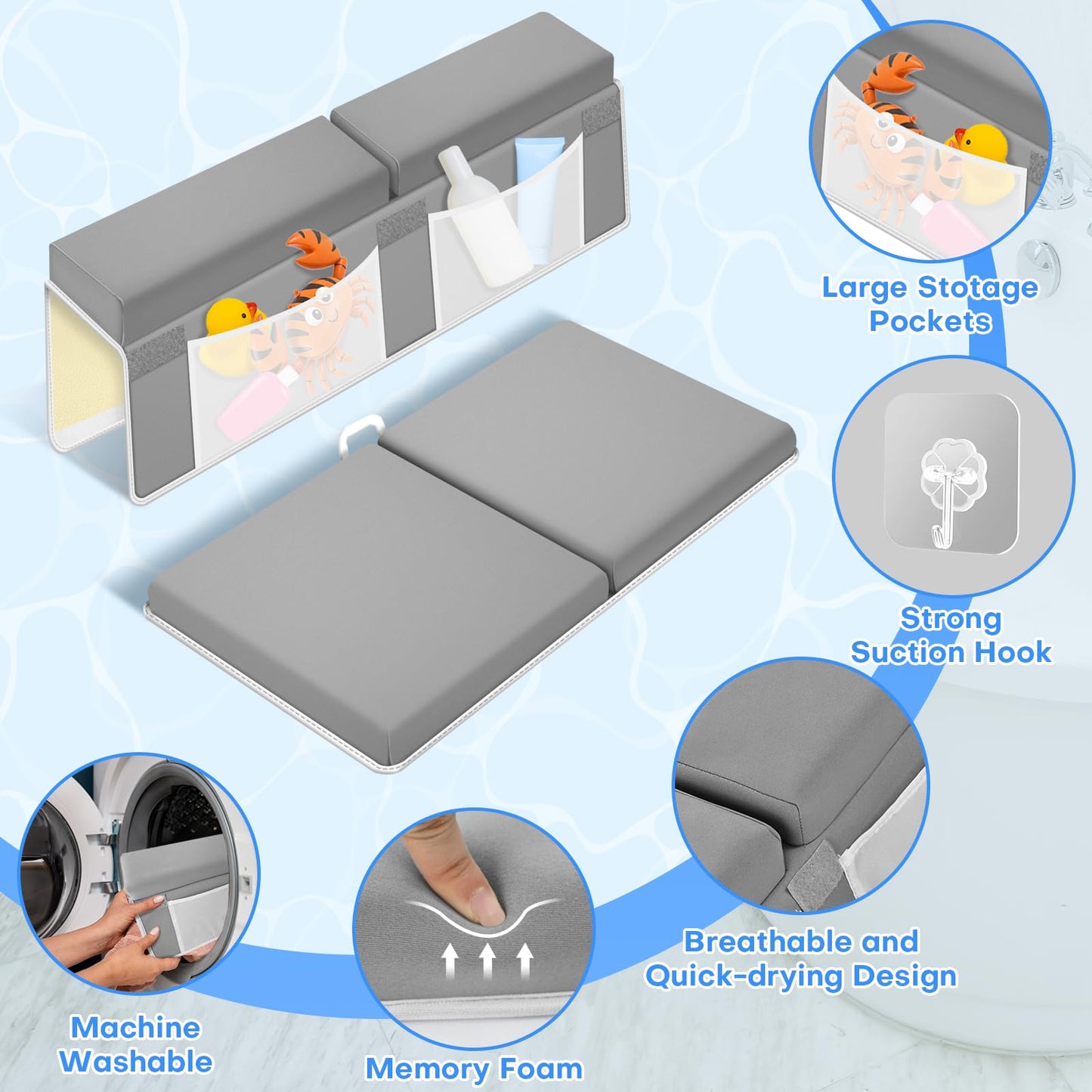 Foamagic Bath Kneeler And Elbow Rest Pad Set - Grey Baby Bathing Kneeler Pad For Tub, Bathtub Mat For Kneeling, Elbow Rest, Prot