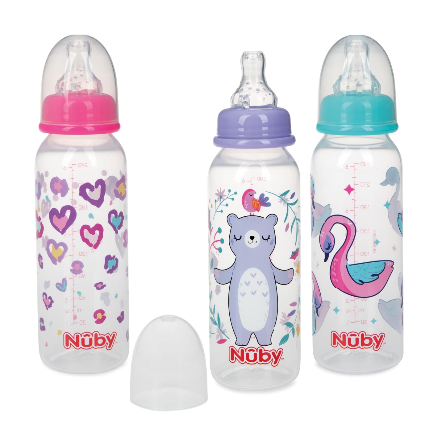 Nuby Non-Drip Standard Neck Baby Bottles - (3 Pack) 4 oz - Vari-Flo Flow Control Nipple - Anti-Colic Air System - 0+ Months - Be