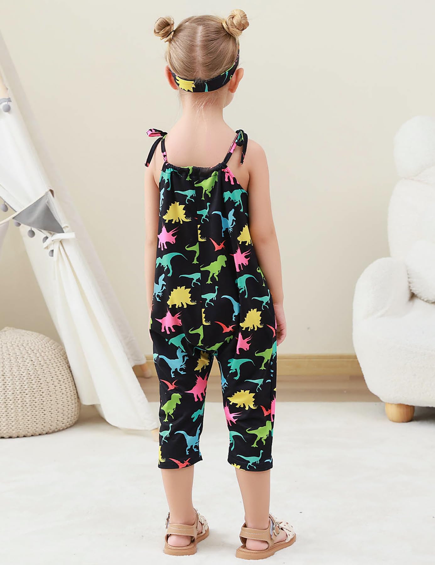 Lindanina Toddler Baby Girls Romper Dinosaur Sleeveless Jumpsuit Summer Cute Clothes Adjustable Tie-Up Strap 12-24 Months Infant