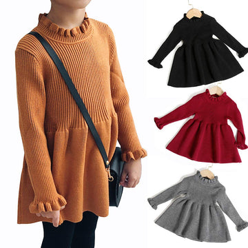 Simplee Kids Little Girls' Long Sleeve Girl Dresses And Rompers Ribbed Knit Sweater Dress Brown For 12 Months