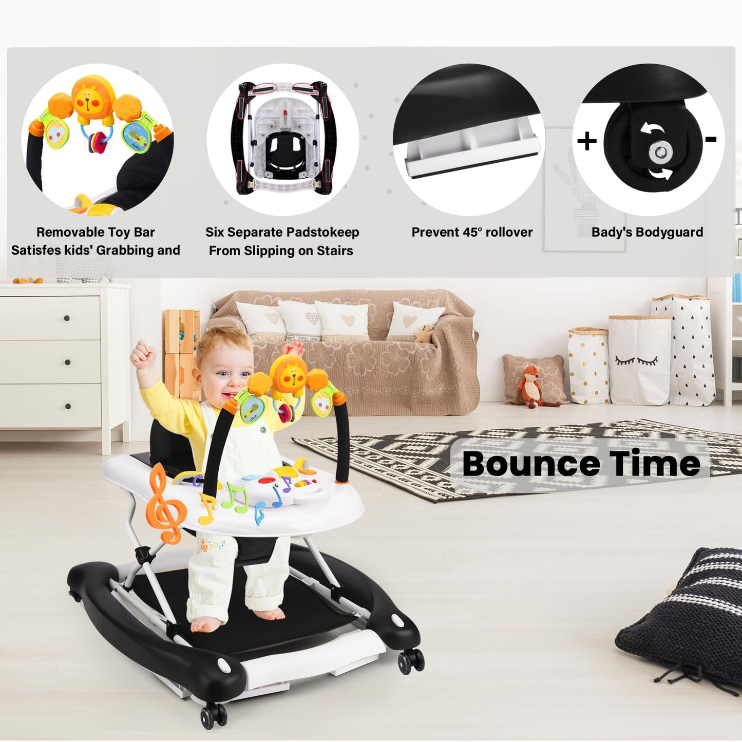 Refoerebabe Baby Walker With Wheels, 5 In 1 Baby Walkers For Boys Girls 6-12 Months, Foldable Walker Baby With Bouncer & Feeding