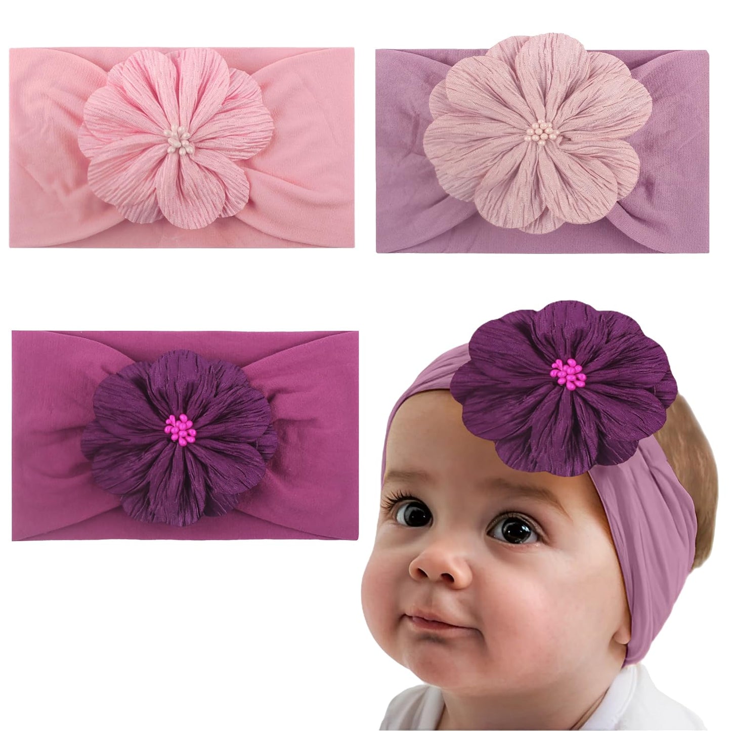 Syga Pack Of 3 Baby Headband Nylon Flower Soft Stretchable Hairband For Newborn Infant Toddler Kids For 03 Year (Pink, Taro Pur