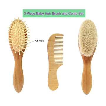 Molylove 3 Piece Baby Hair Brush And Comb Set For Newborn & Toddlers- Natural Wooden Hairbrush With Soft Goat Bristles For Cradl