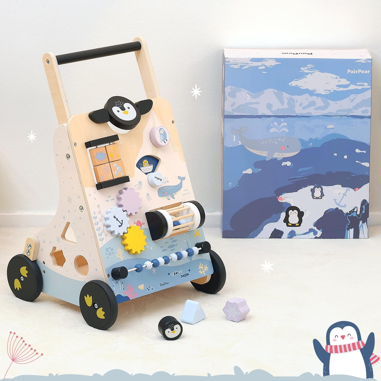 PairPear Wooden Baby Walker, Baby Push Walker Activity Center Toys,Montessori Walker Toy with Shape Sorter, Adjustable Speed Act