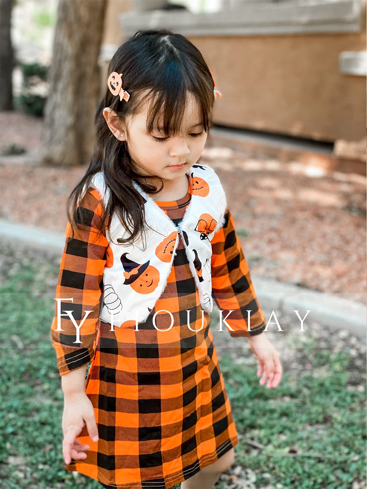 Fioukiay Toddler Girls'-Halloween-Outfit-Clothes-Dresses Long Sleeve Plaid Halloween Pumpkin Dress With Vest Coat (Orange, 5-6T)