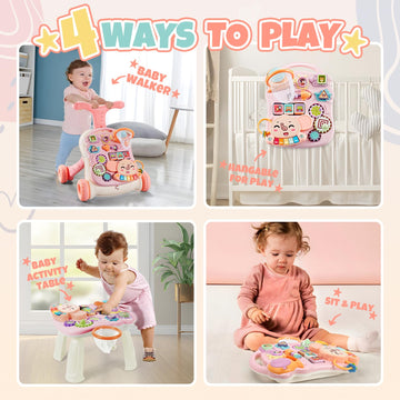 TOY Life 3 in 1 Baby Push Walker and Activity Center for Girl, Sit to Stand Walker for Babies 6-12 Months, Walking Toys with Mus