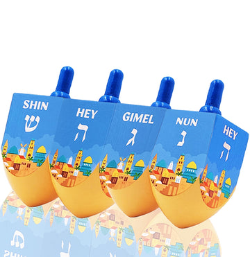 The Dreidel Company Extra Large Jerusalem Wood Dreidels, Let'S Play The Hanukkah Game, Instructions Included (4-Pack)