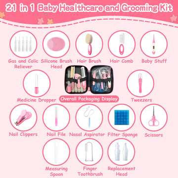 Baby Healthcare And Grooming Kit, 21 In 1 Portable Baby Essentials Kit With Gas Relief Hair Brush Comb Nasal Aspirator For Newbo