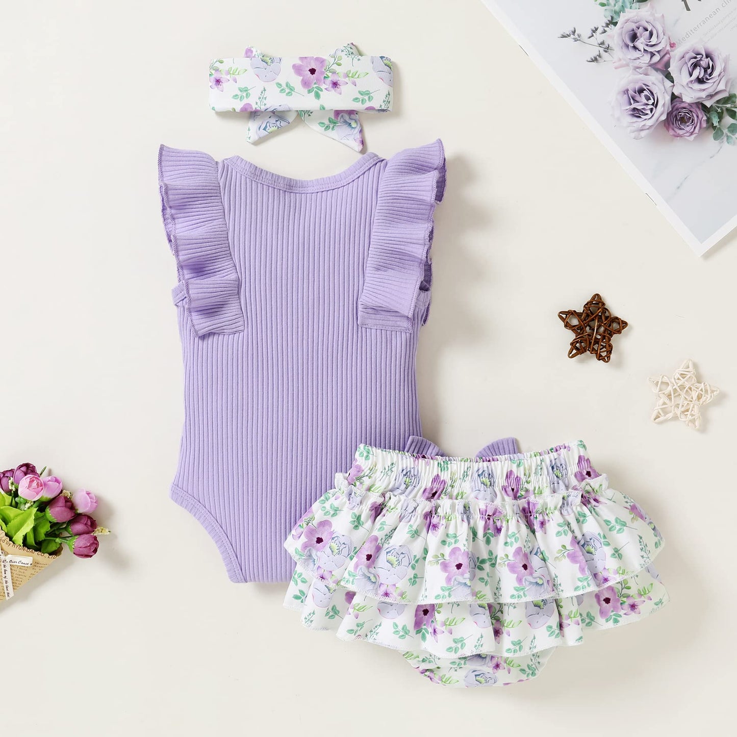 Tiny Cutey Baby Girl Clothes Infant Summer Outfits Set Ruffle Sleeve Romper And Floral Shorts With Headband (Purple Romper And R