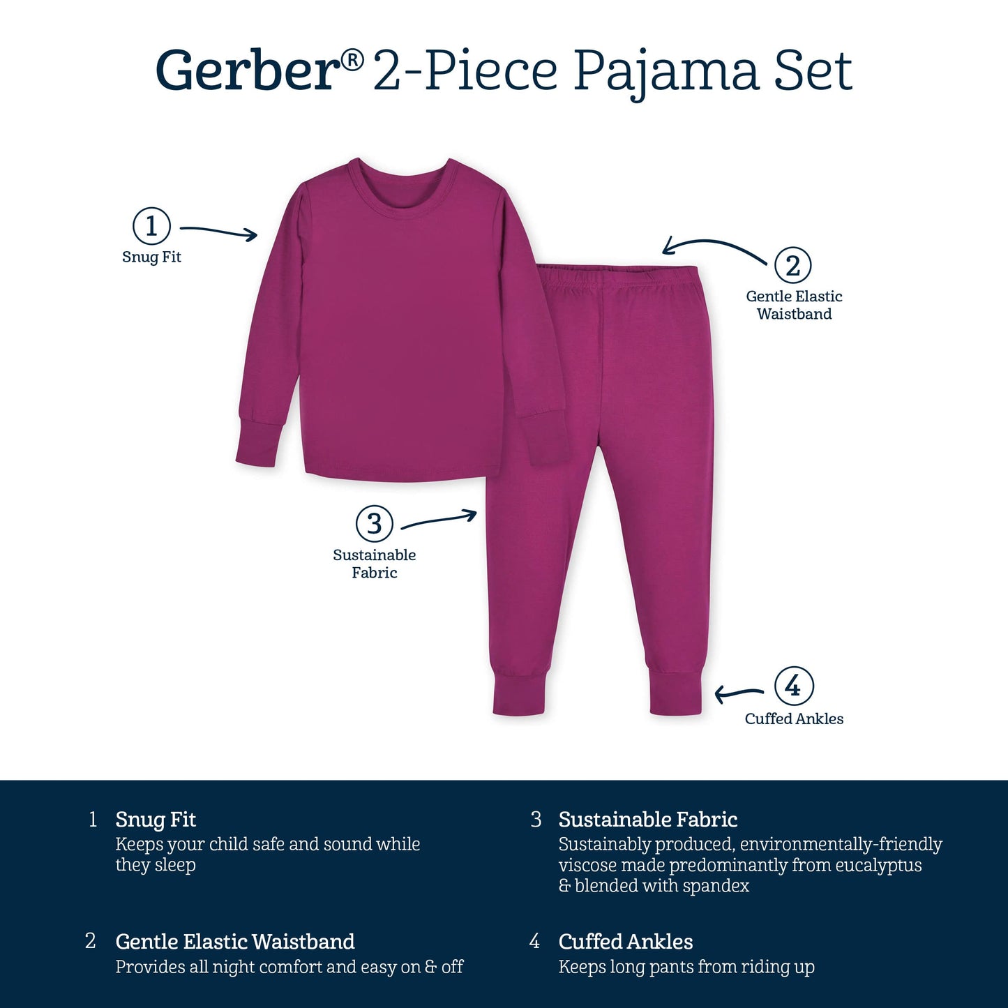 Gerber Unisex Baby Toddler Buttery-Soft 2-Piece Snug Fit With Viscose Made Eucalyptus Pajama Set, Raspberry, 4T Us