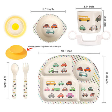 Shopwithgreen 7Pcs/Set Bamboo Kids Dinnerware Set - Children Dishes - Food Plate Bowl Cup Spoon Fork Set Dishware, Cartoon Table