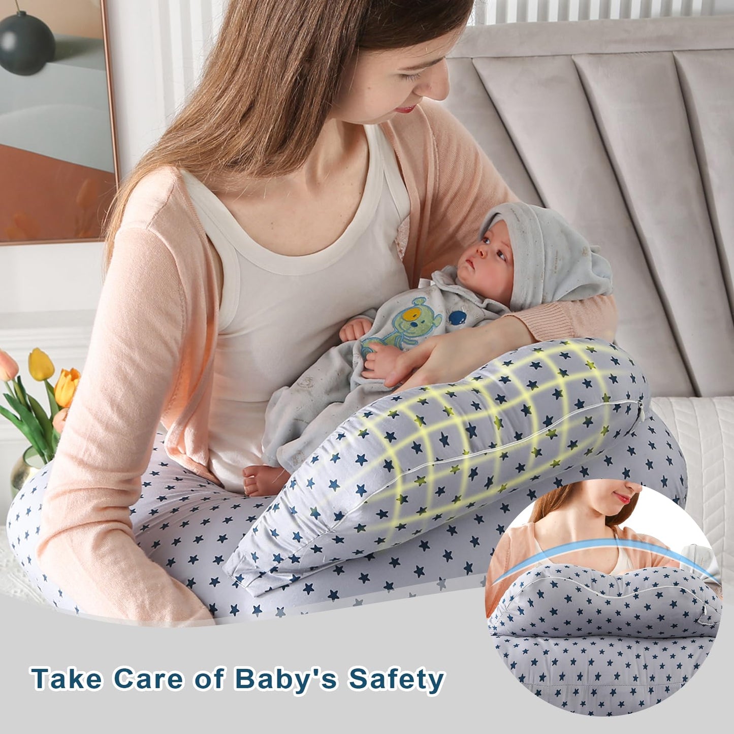 Battop Nursing Pillow For Breastfeeding, Plus Size Breastfeeding Pillows For More Support,With Adjustable Waist Strap And Remova