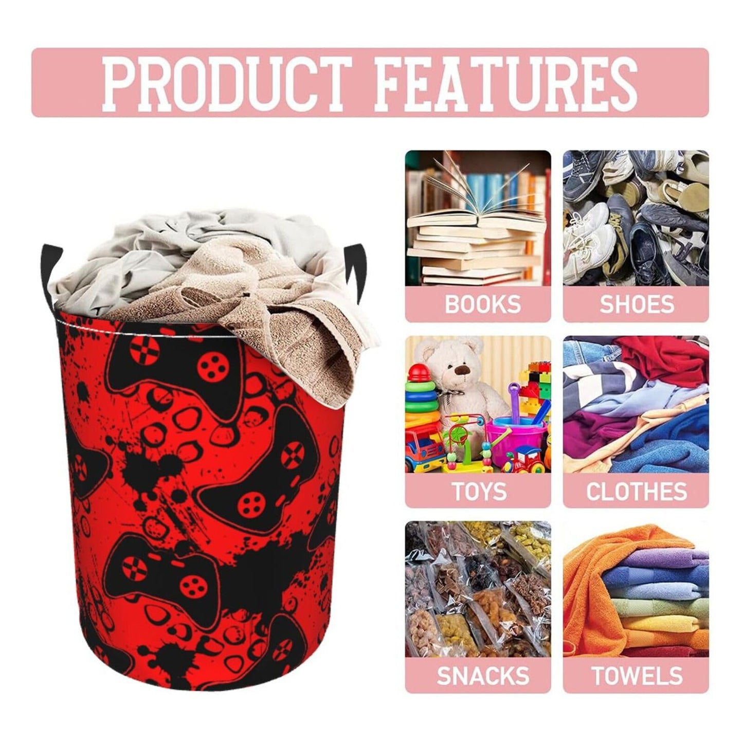Gbuzozie Game Joysticks Red Background Round Laundry Hamper Storage Basket Toys Clothes Organizer Bin For Home Bathroom Bedroom