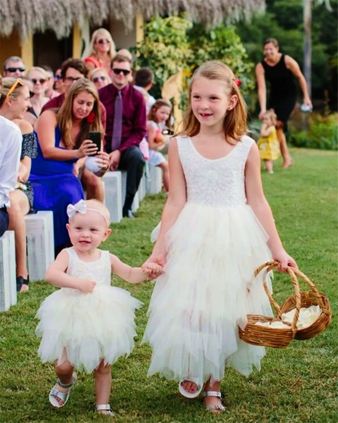 2Bunnies Girl Peony Lace Back A-Line Tiered Tutu Tulle Flower Girl Dress (Ivory Sleeveless Maxi, 6)