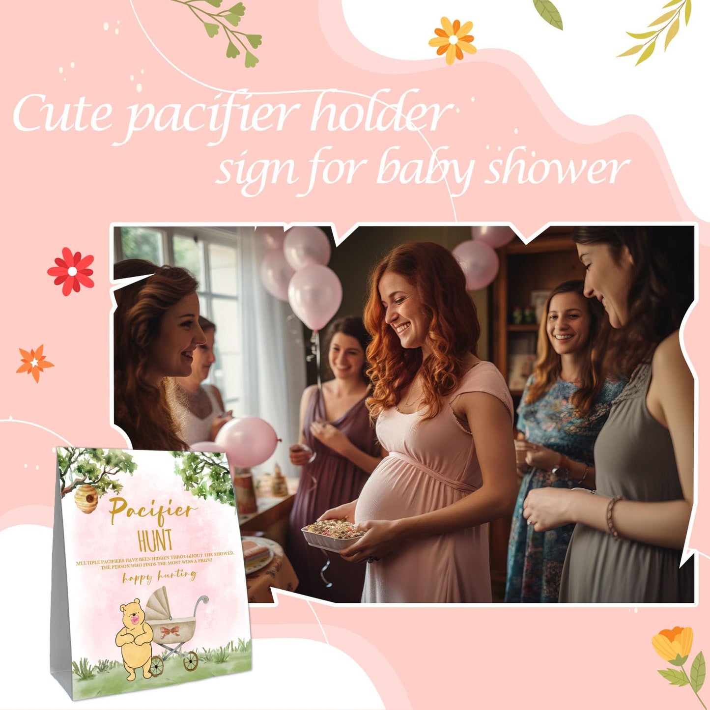 Guawubiang Winnie Pacifier Hunt Sign, Mini Pacifiers Baby Shower Game Set, 50Pcs Classic Pooh Decor Baby Shower Game Set, Pink T