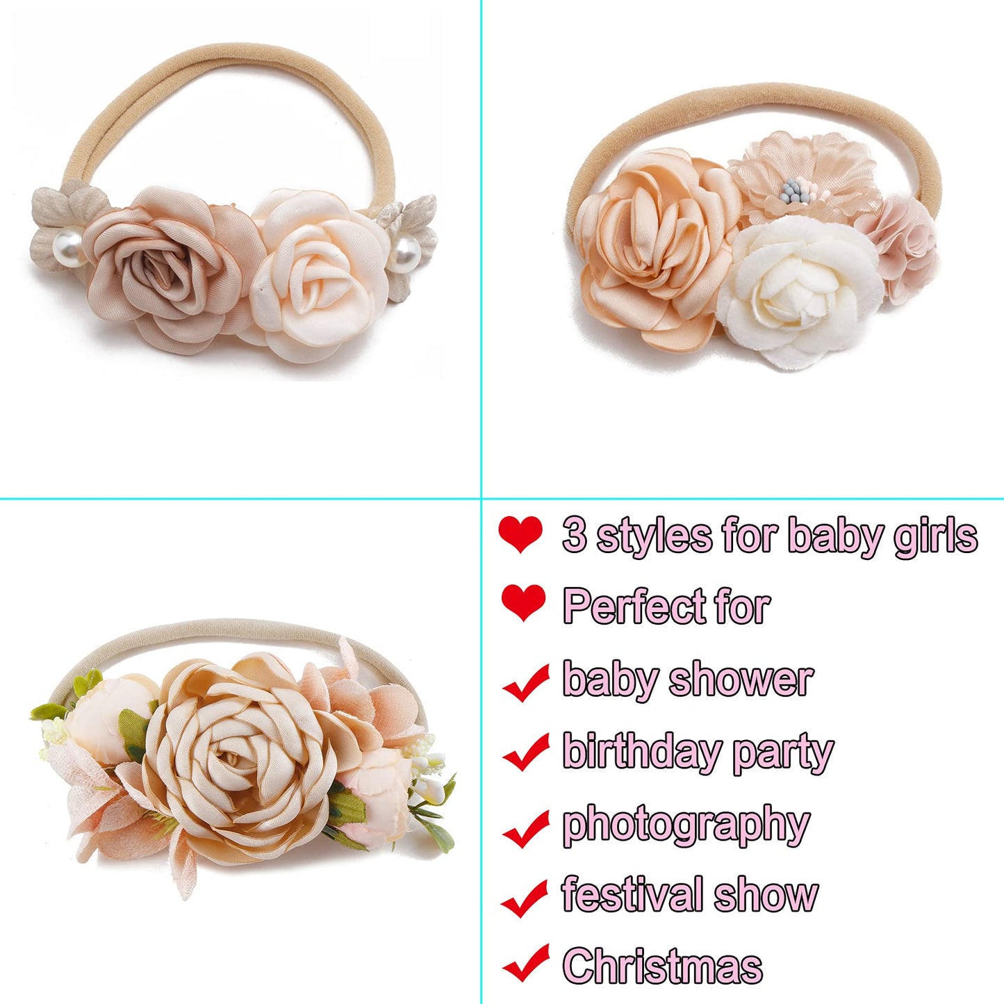 BFNAAgirl Baby Girl Headbands Nylon Flower Elastic Hairbands 3pcs Hair Accessories Gift for Newborn Infant Toddlers (YM1)