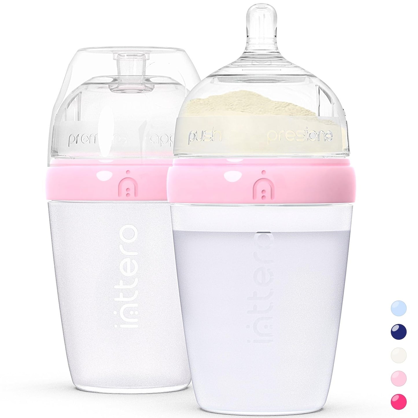 Inttero 9oz Pink Formula Dispenser Anti-Colic Baby Bottles - 2 Pack/Medium Flow (Cute Pink) - Everyday Baby Essential - Formula