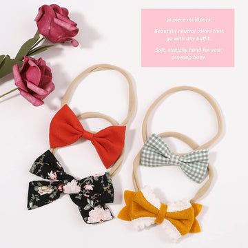 Doboi Baby Girl Headbands 24Pcs Nylon Linen Handmade Hairbands With Hair Bows And Accessories For Newborns, Infants, Toddlers, A