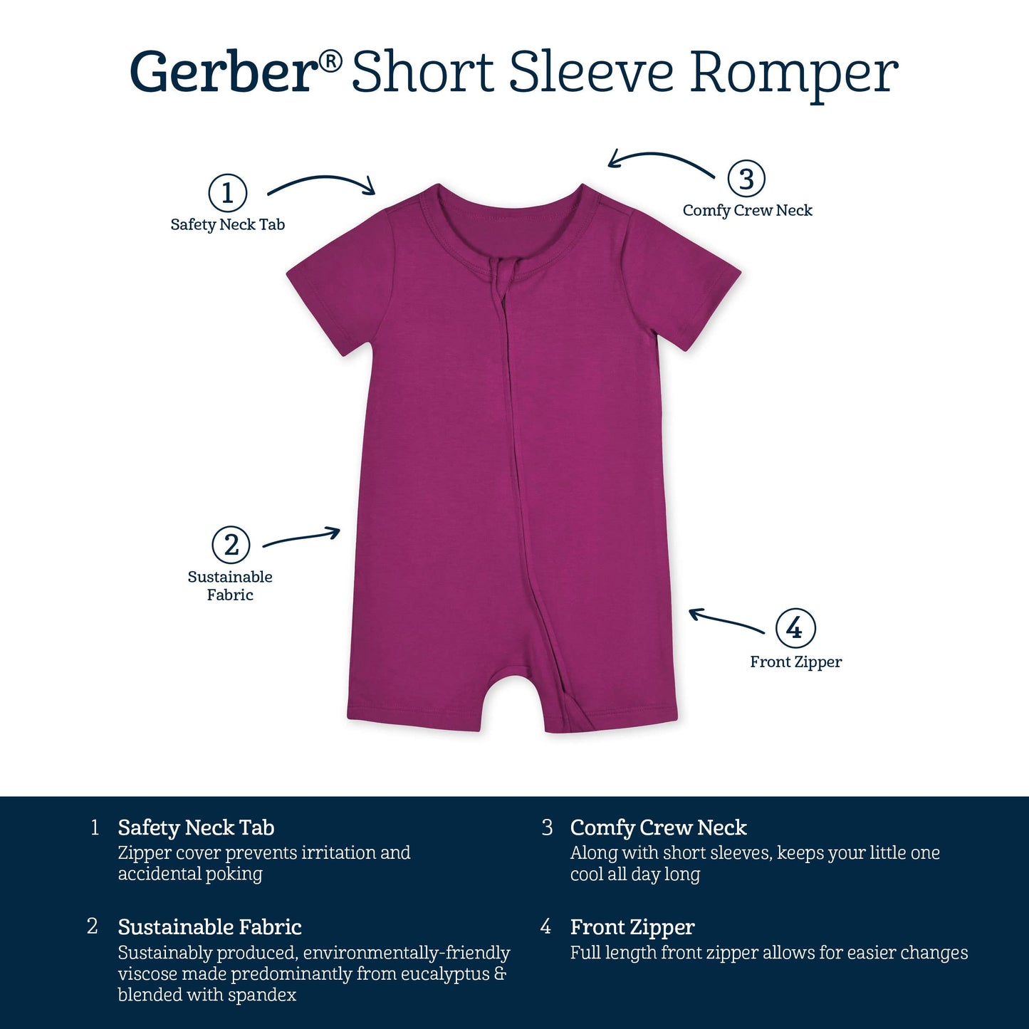 Gerber Unisex Baby Buttery-Soft Short Sleeve With Viscose Made Eucalyptus Romper, Raspberry, 6-9 Months Us