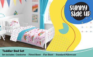 Sunny Side Up Rainbow Unicorns Toddler Comforter Set - 4 Piece Preschool Bedding Includes Comforter, Sheets & Pillow Cover - Sup