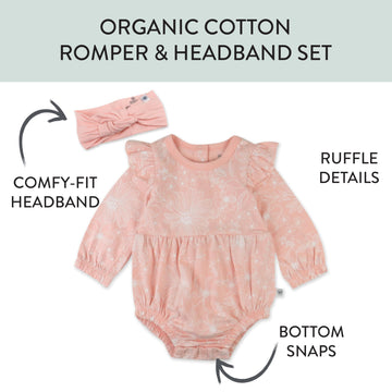 Honestbaby 2 Piece Bubble Romper & Headband Set,Girl,Sketchy Floral Dusty Pink,6-9 Months