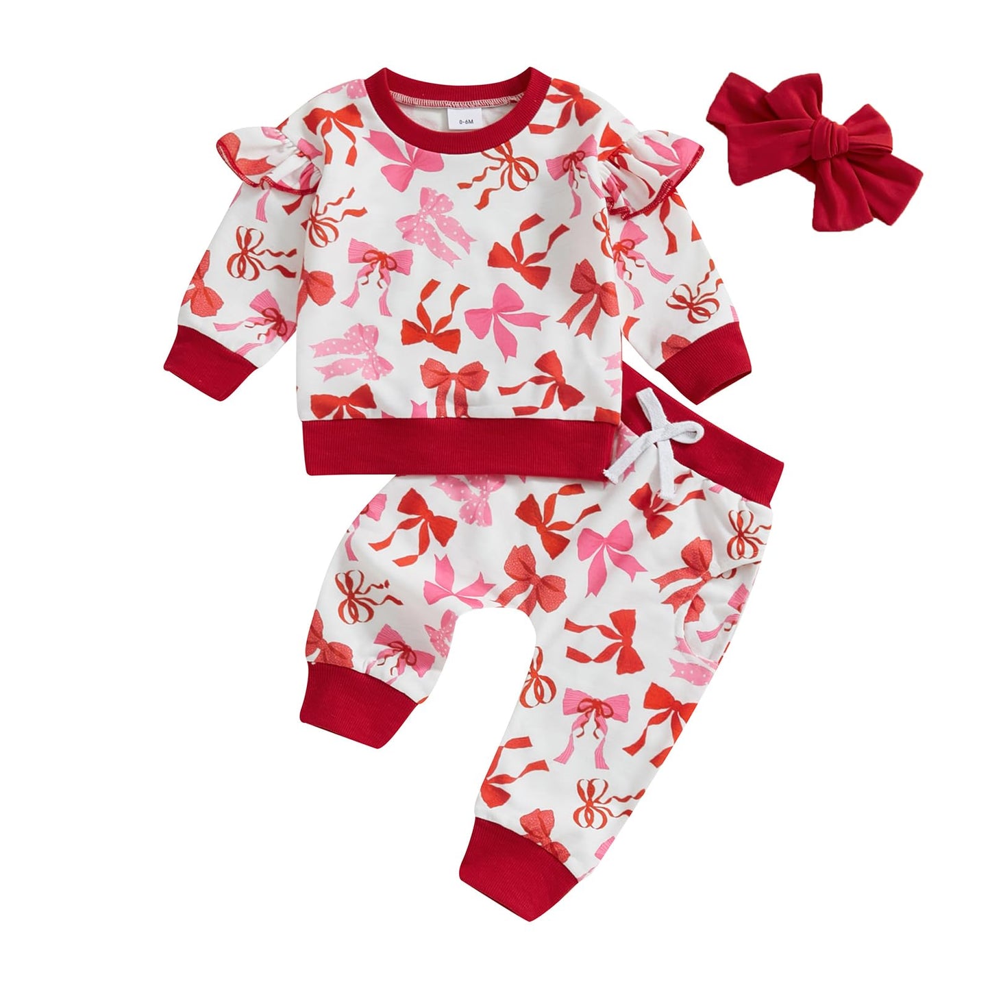 Lesimsam Toddler Baby Girl Valentines Day Outfit Heart Bow Print Ruffle Long Sleeve Sweatshirt Pants Headband 3Pc Outfit Set (B