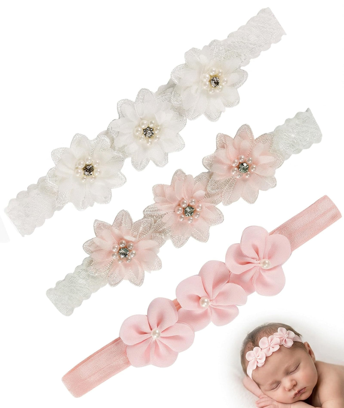 Baby Hairband, 3Piece Headbands For Baby Girl, Floral Baby Headbands And Pearl Lace Hair Band For New Born Baby Girl, 3436Cm I