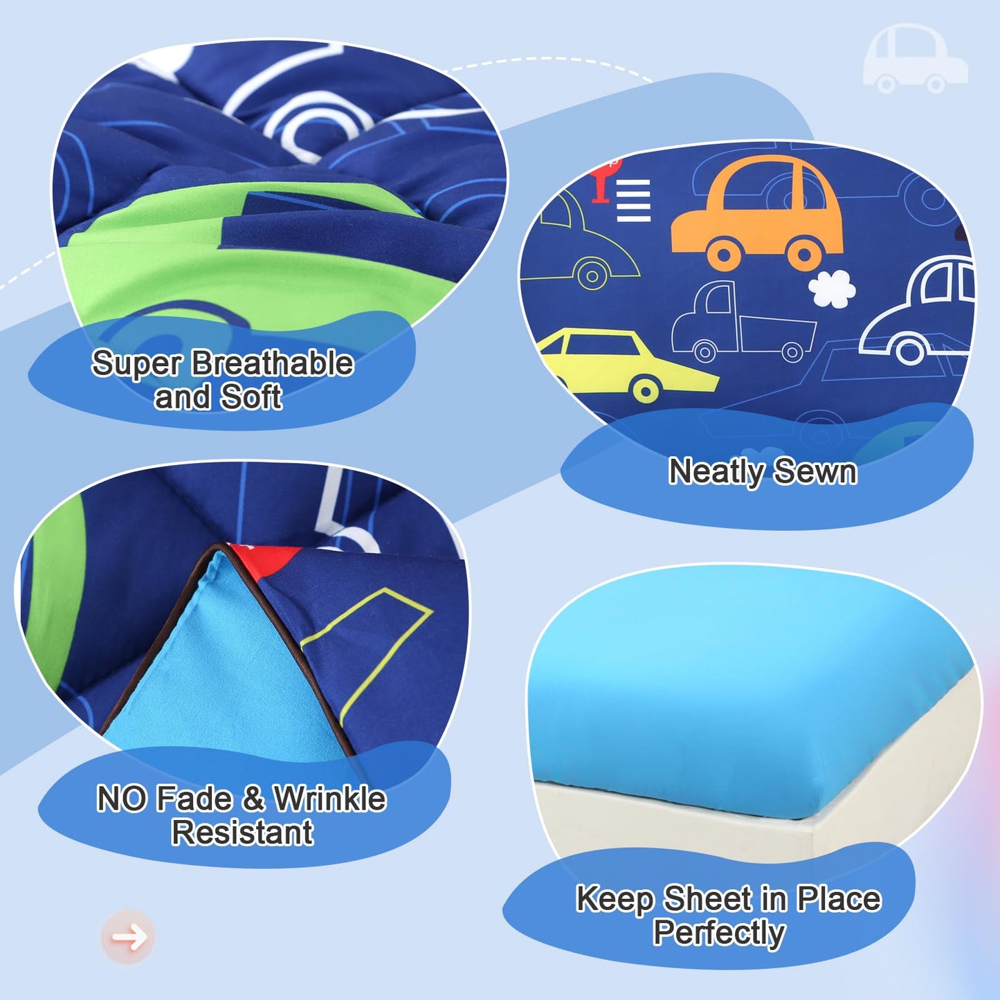 Wowelife Car Toddler Bedding Sets For Boys 4 Piece Blue Vehicle Toddler Bed Sheet Sets Bed-In-A-Bag Comforter Set For Kids Boys