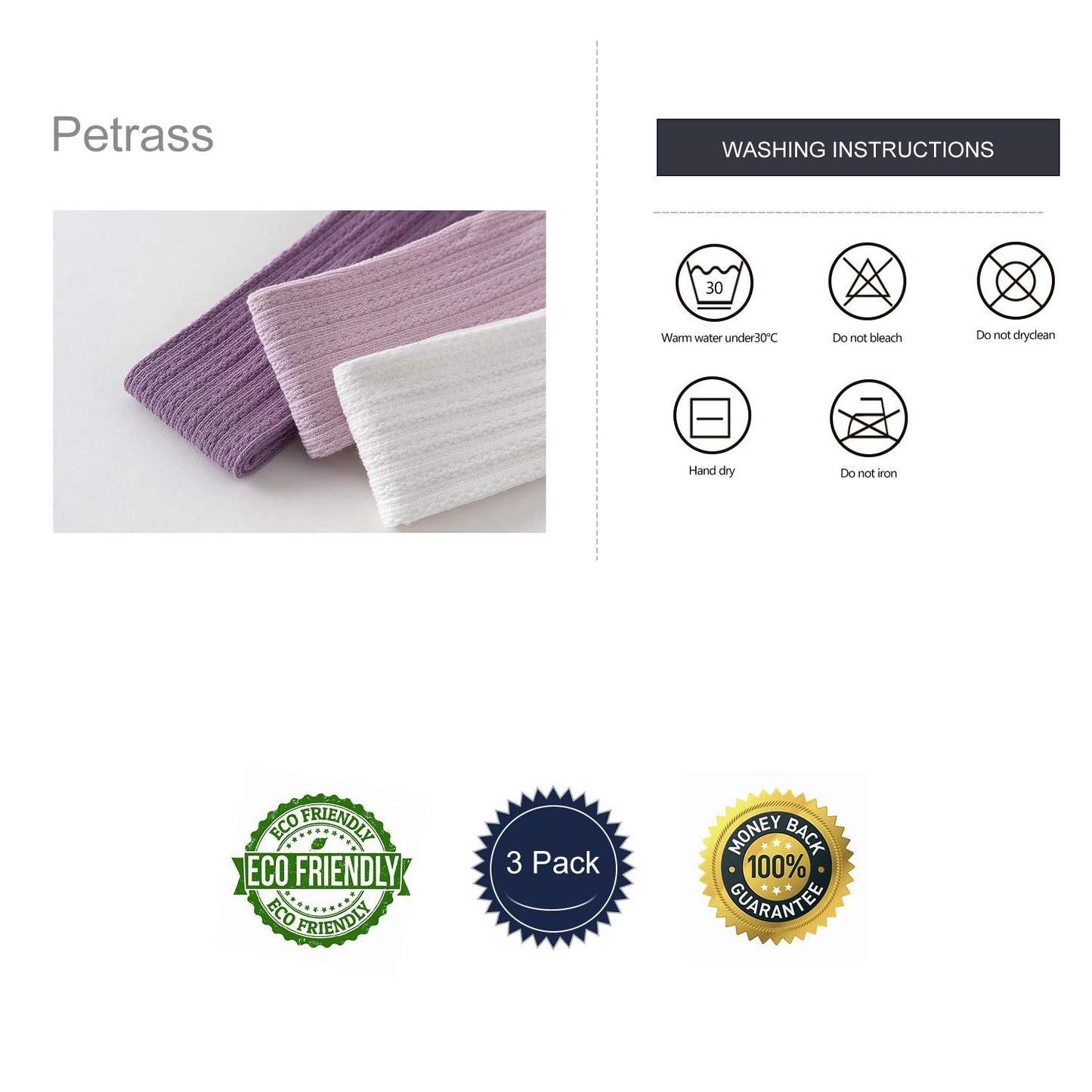 Petrass Girls Tights Toddler Cable Knit Cotton Footed Seamless Dance Ballet Baby Girls' Leggings 3 Pack Pink/Purple/Ivory 3T-4T