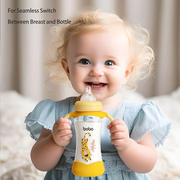 Yohkoh Natural Glass Baby Bottle With Natural Response Nipple, Wide Neck Baby Bottles With Handle, Newborn Anti-Colic Baby Bottl