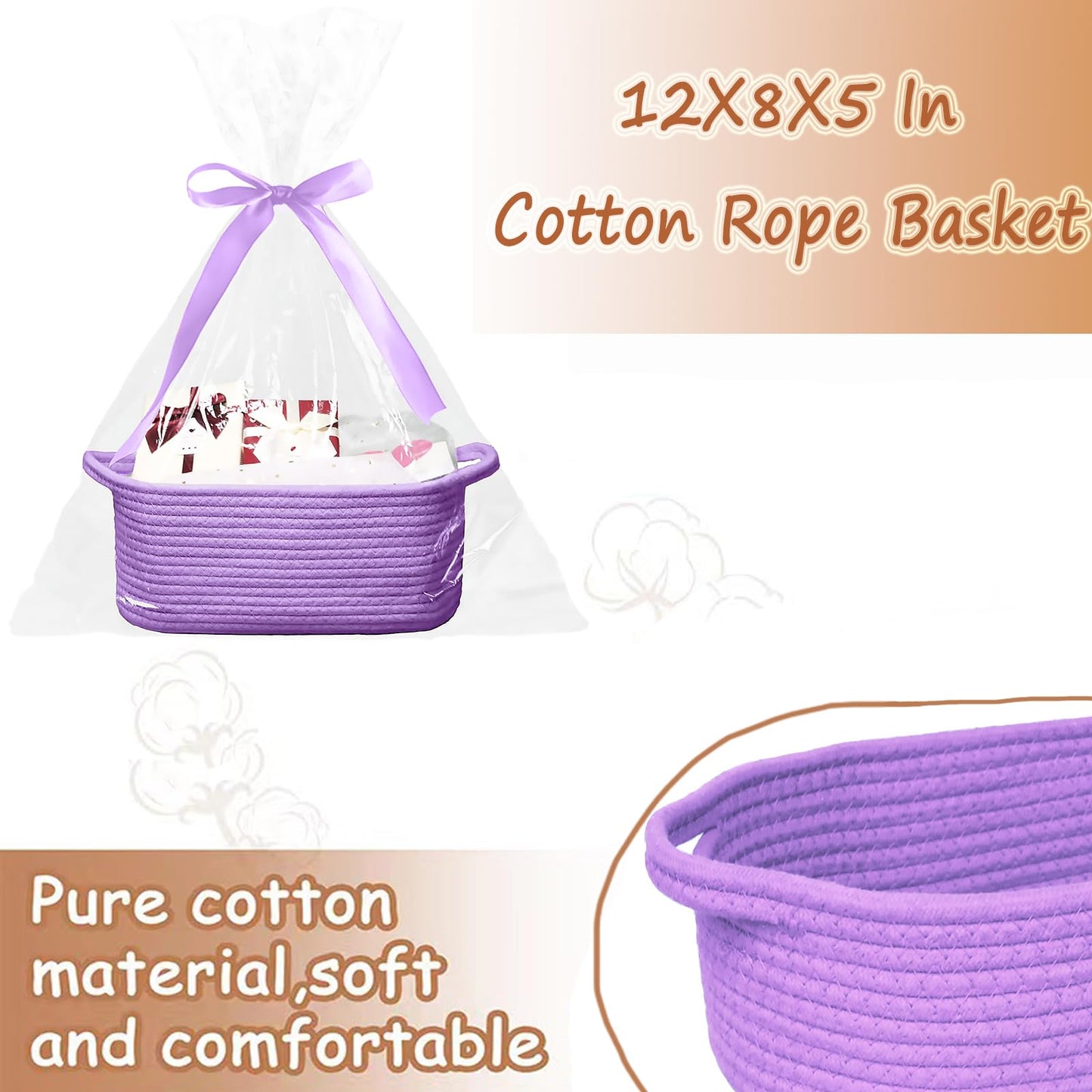 Poschnor Baby Gift Basket With Gift Bags And Ribbons, Empty Cotton Basket, Toy Storage For Baby And Pet, 12X 8 X 5 Inch, Purple.