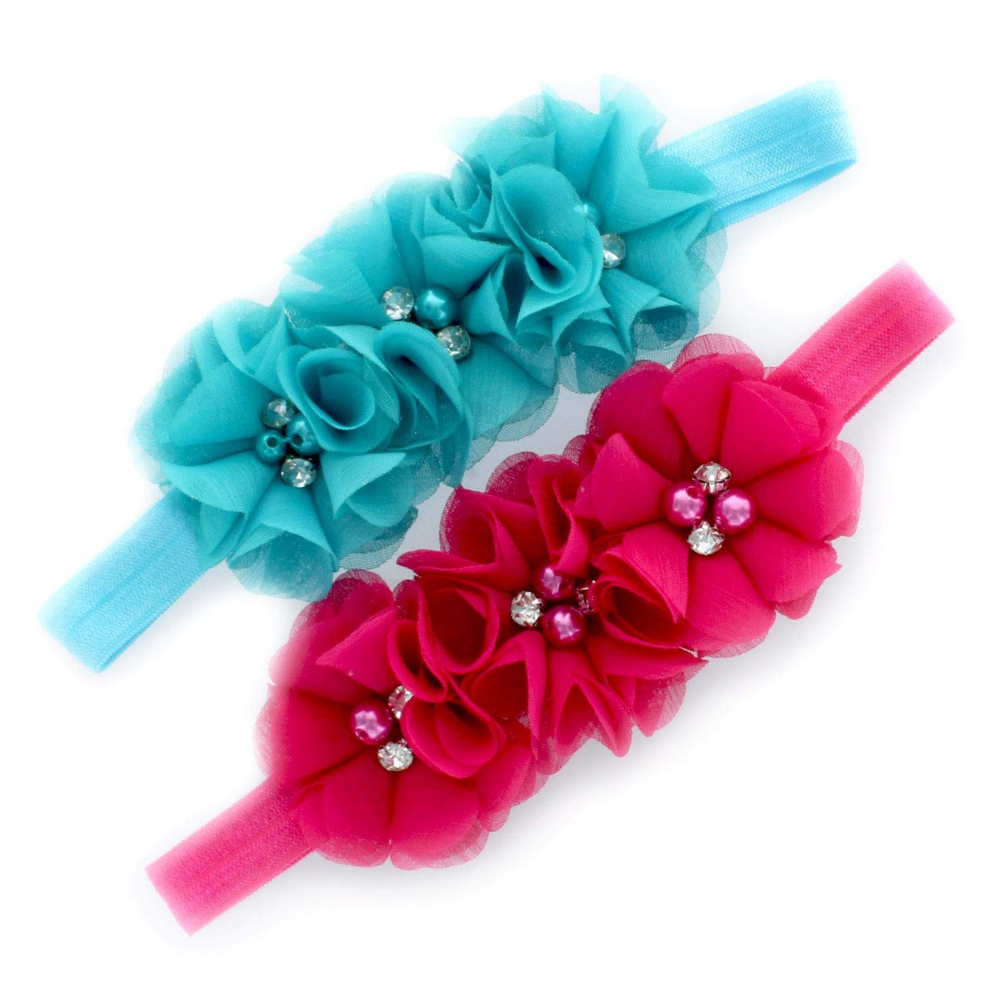 My Lello Baby Flower Headbands Fabric Beaded Trio Stretchy Elastic Pair (Fuchsia/Turquoise)