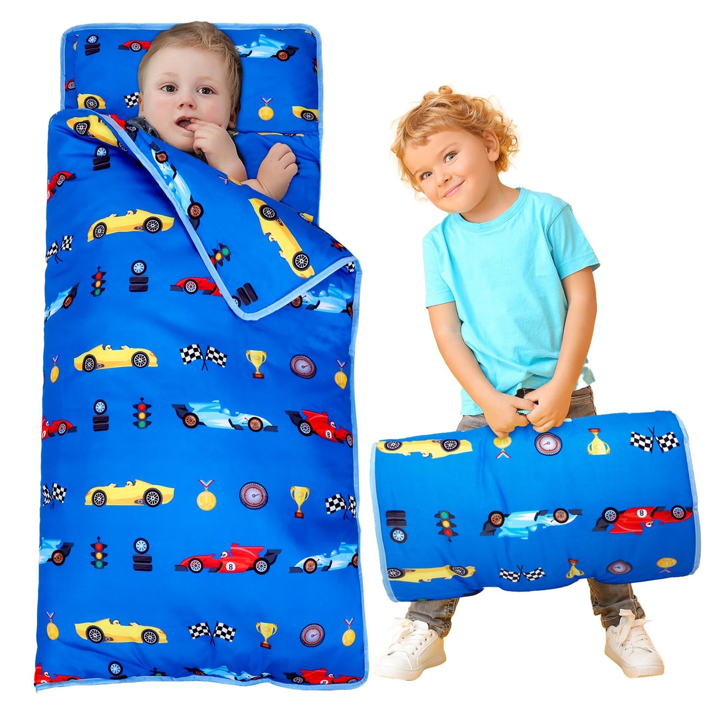 Newwiee Toddler Nap Mat Kids Sleeping Mat with Removable Pillow Blanket Toddler Sleeping Bag Rolled Sleep Mats for Girl Boy Pres