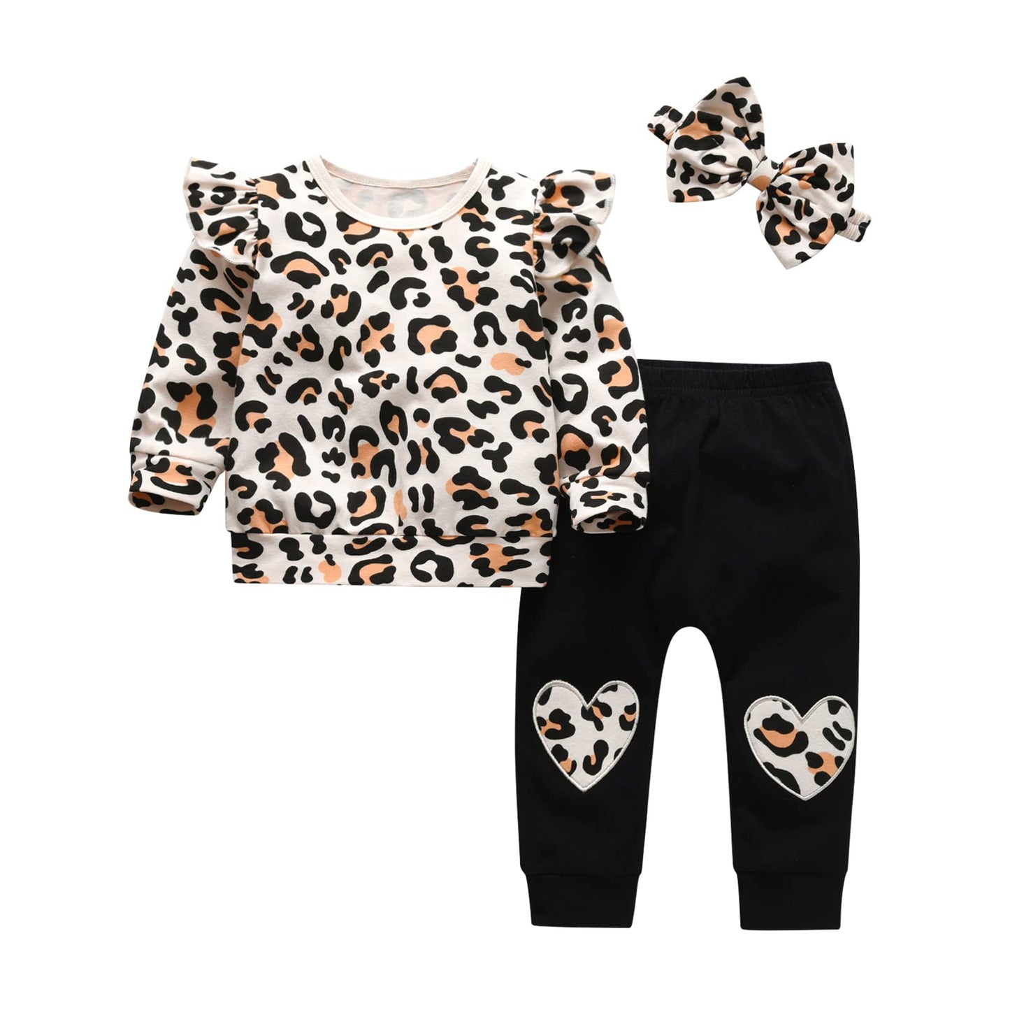3Pcs Baby Girl Clothes Long Sleeve Leopard Tops Casual Pants And Headband Outfit Set (12-18 Months)