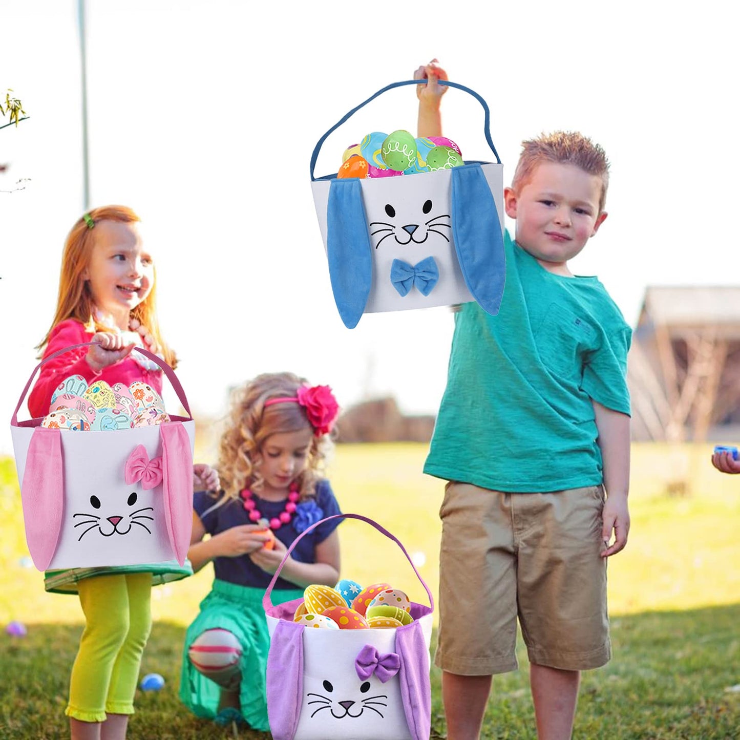 3Pcs Easter Bunny Basket For Kids- Canvas Cotton Carrying Gift And Eggs Hunt Bag, With Long Plush Ear Printed Rabbit Toys Bucket